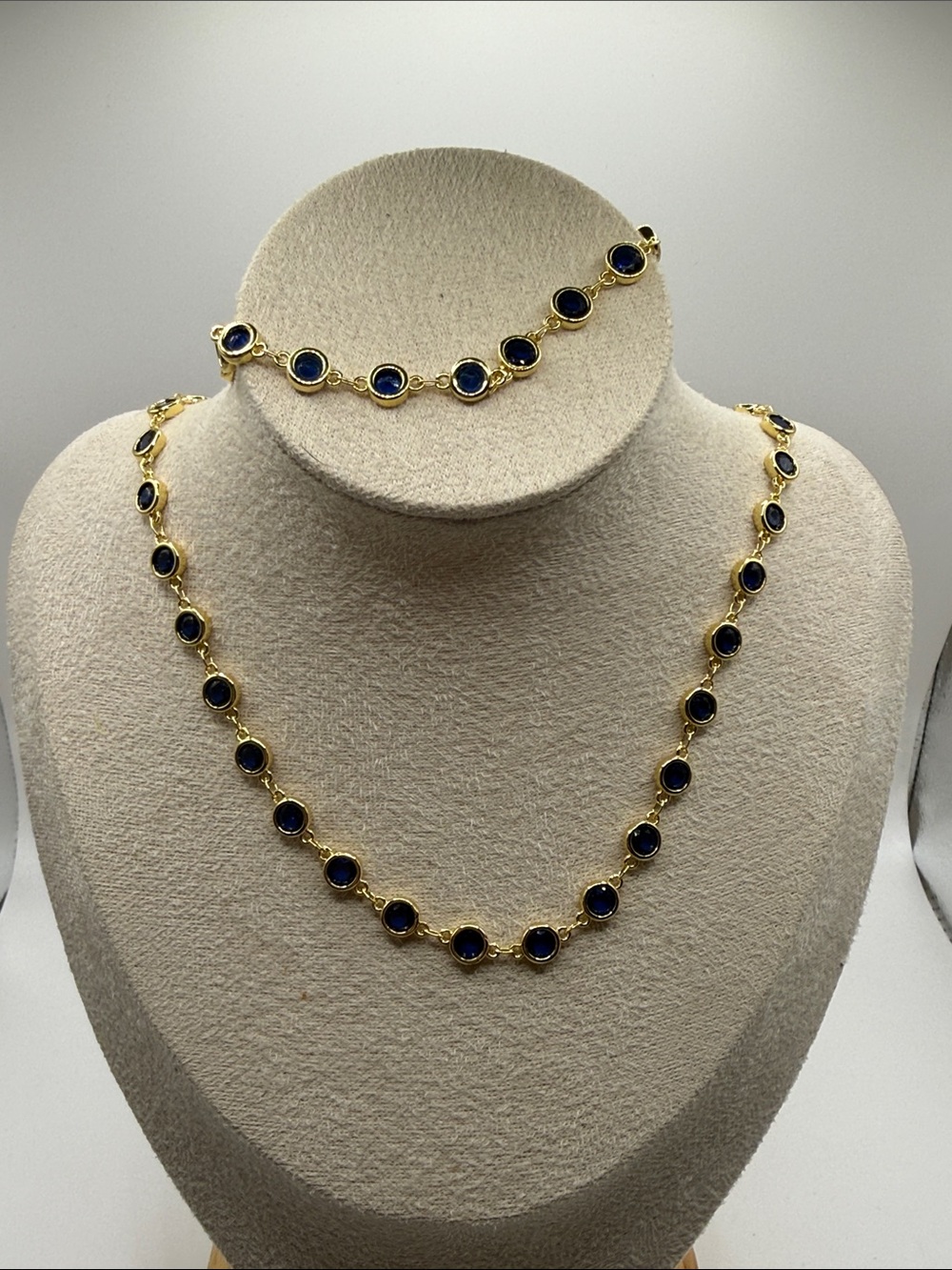 Gold-Plated Necklace and Bracelet Set with Deep Blue Stones for tonya